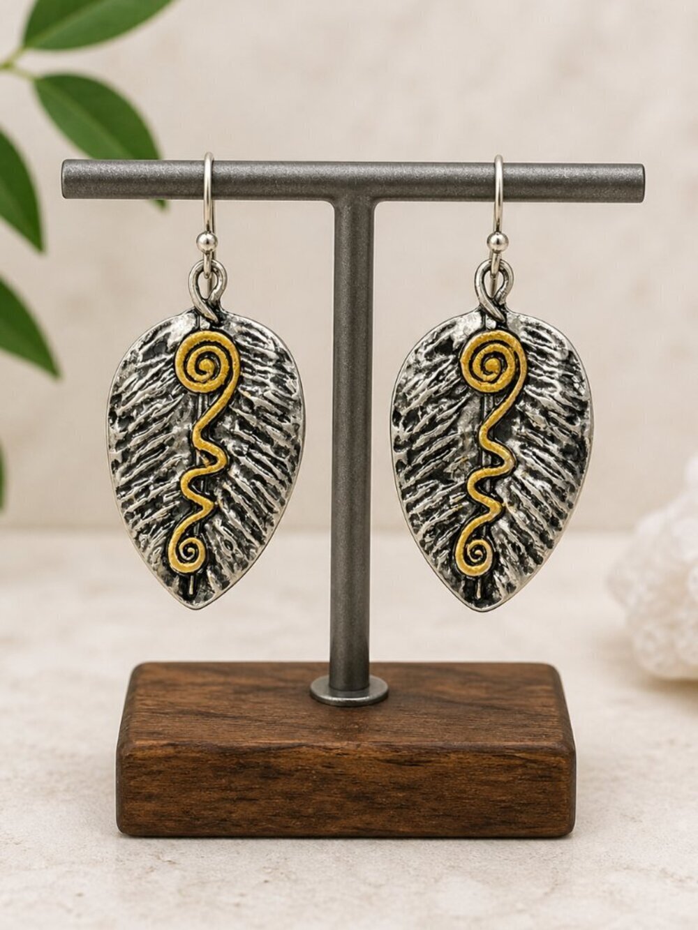 Antique Silver Leaf Drop Earrings with Gold Swirl - Picture 4 of 6